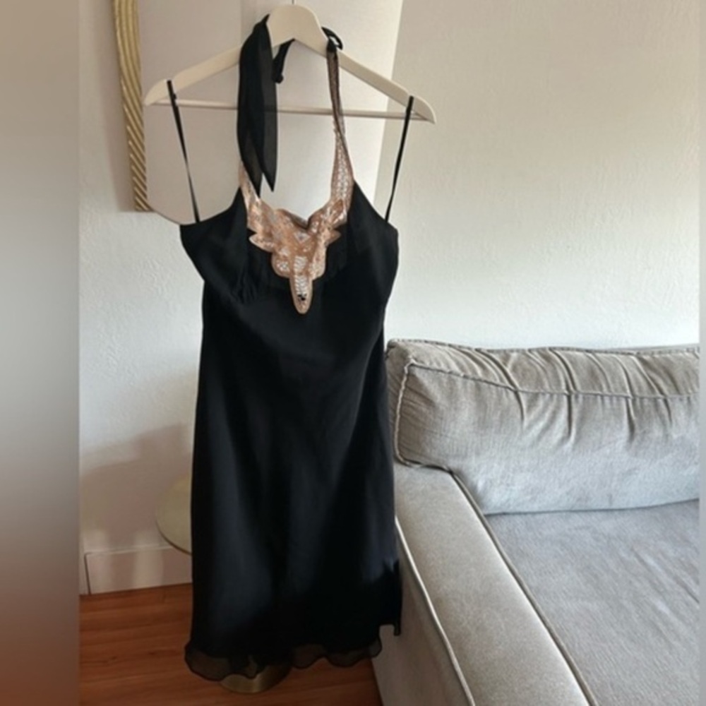 Vtg Nicole MillerY2K Black Halterneck Mini Dress Size 8 Crochet Boho